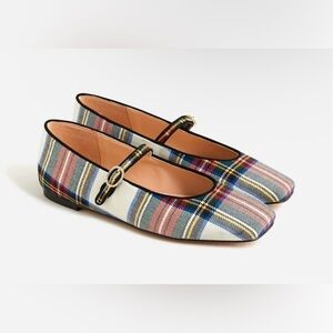 J. Crew Anya Stewart Tartan Mary Jane Flats Plaid White Ivory blue green holiday